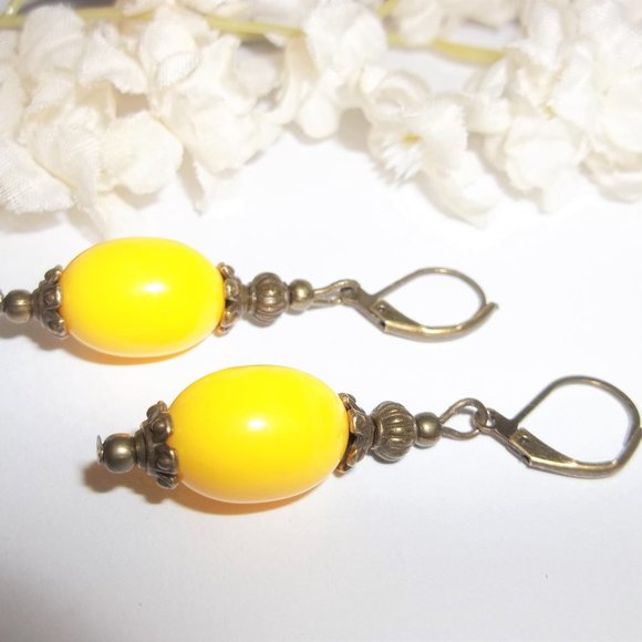 Yellow & Bronze Boho Style Beaded Earrings Dangle and Drop Lever Back Set 5722 - Picture 4 of 6